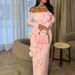 Elegant Off Shoulder Long Sleeve Skinny Dress Fashion Flower Dimensional Pink Wrap Hip Dress Lady Sexy Backless Solid Long Dress_ecoleips.com