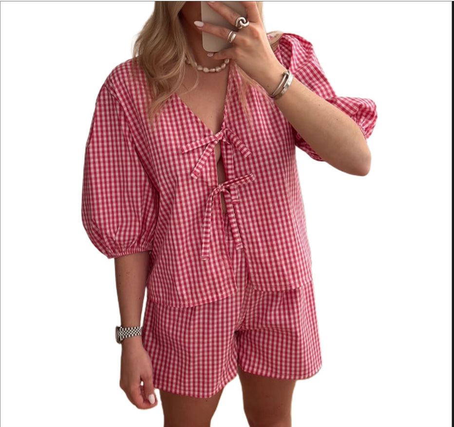 Women's Clothing Women's Summer Versatile Plaid Short Sleeve Top Shorts Set_ecoleips.com