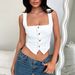 Women's Denim Vest - Elegant Button-Down Sleeveless Tank Top Solid Color Casual Summer Crop Top_ecoleips.com