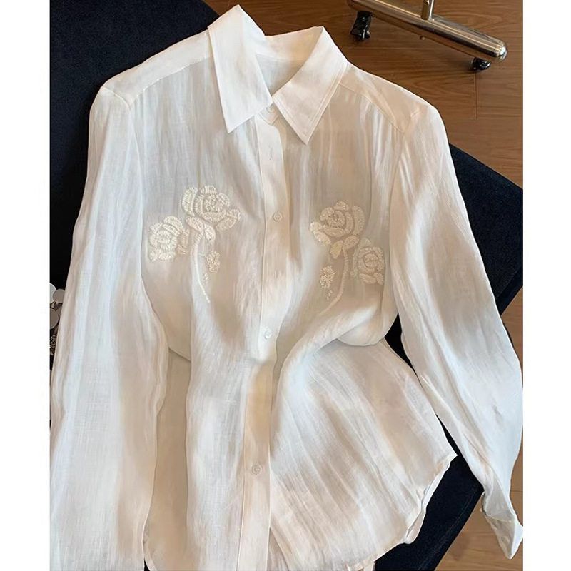 mnfs9103 White Floral Beaded Embroidered Shirt For Women, 2026 Summer New Style, Simple Versatile With A High-end And_ecoleips.com