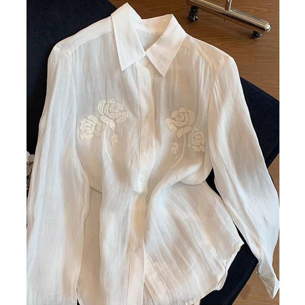 mnfs9103 White Floral Beaded Embroidered Shirt For Women, 2026 Summer New Style, Simple Versatile With A High-end And_ecoleips.com