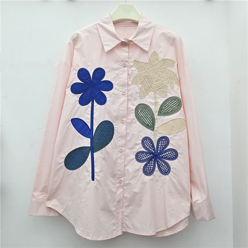 Women's Long Sleeve Blouse With Floral Embroidery, Loose Fit Oversized Shirt, Vintage Inspired Design For Casual Wear_ecoleips.com