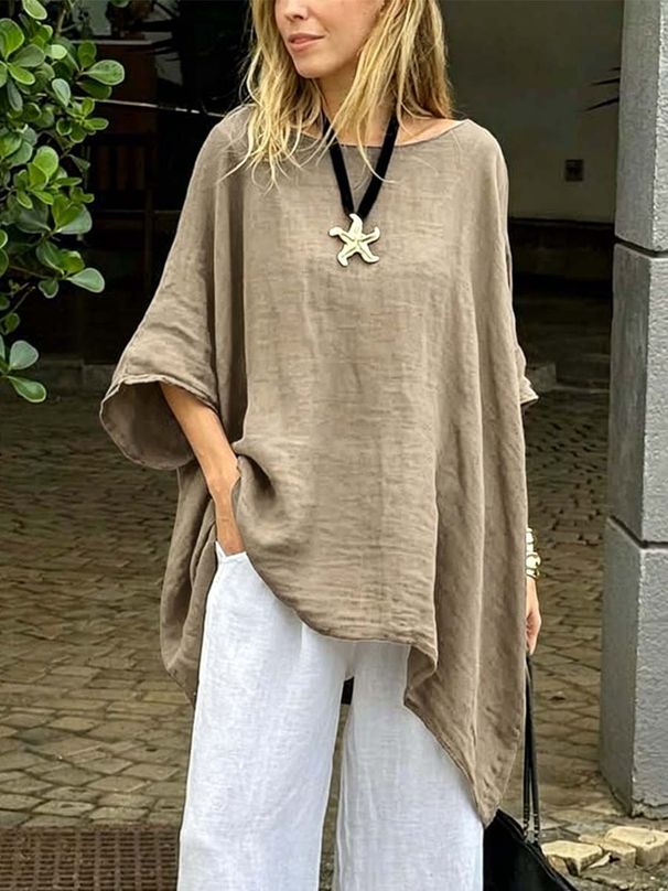 Women's Casual Solid Color round Neck Shirt 3/4 Sleeve Cotton And Linen Blend European American Style Fashion Top Irregular Hem_ecoleips.com