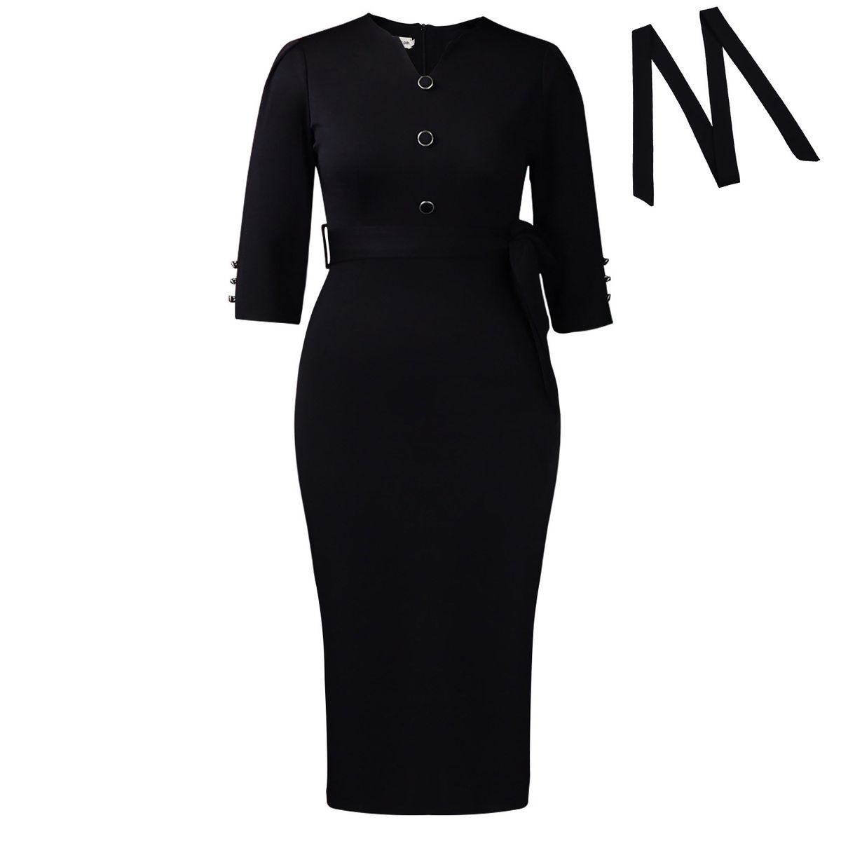 Elegant V-Neck Belted Knee-Length Dress for Women Stretchy Polyester Blend Office Chic S-XXXL_ecoleips.com