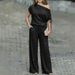 Women's One Shoulder Sequined Two Piece Set Drawstring Top Elastic Waist Wide Leg Pants_ecoleips.com