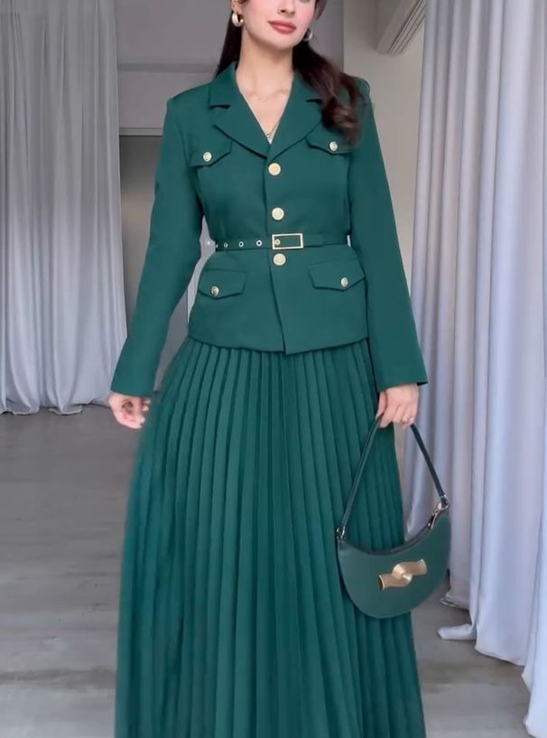 Women's Clothing New Temperament Waist Suit Jacket Pleated Long Skirt Two Piece Women's Skirt Suit_ecoleips.com