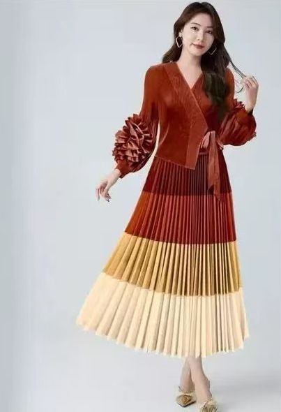 Women's Clothing Plus Size Clothes Elegant V-Neck Petal Sleeve Dress – French-Inspired Faux Two-Piece Dress In Rose Red/Camel/Brick Red/Black/Blue_ecoleips.com