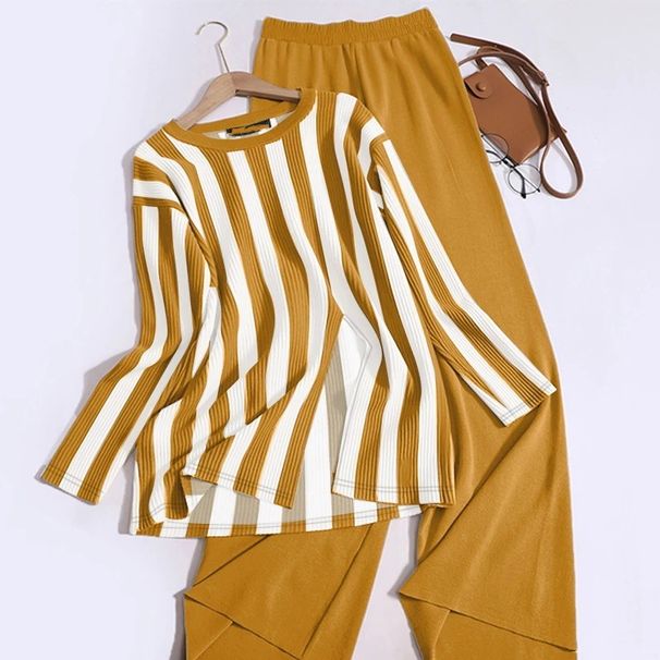 Women's Clothing Two Piece Striped Long Sleeved Top And Elastic Waist Pants Casual And Comfortable Suit_ecoleips.com