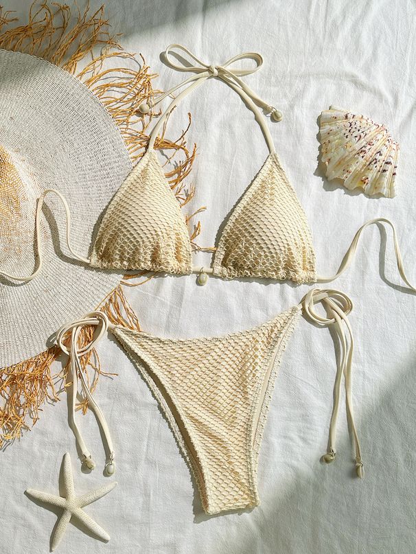 Women's Clothing Sexy Solid Color Mesh Shell Halter Bikini Ladies Bikini Beach Vacation Swimsuit_ecoleips.com