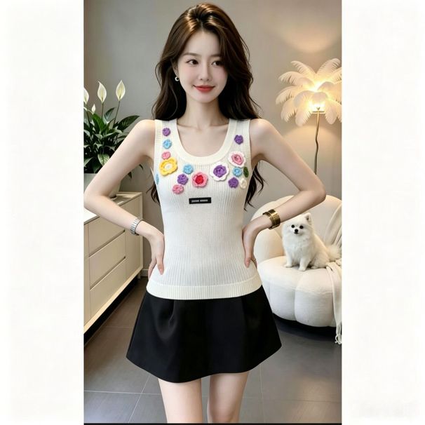 Sweet Style Three-Dimensional Floral Knit Vest For Women, 2026 Summer New White Round Neck Hollow Breathable Sleeveless_ecoleips.com