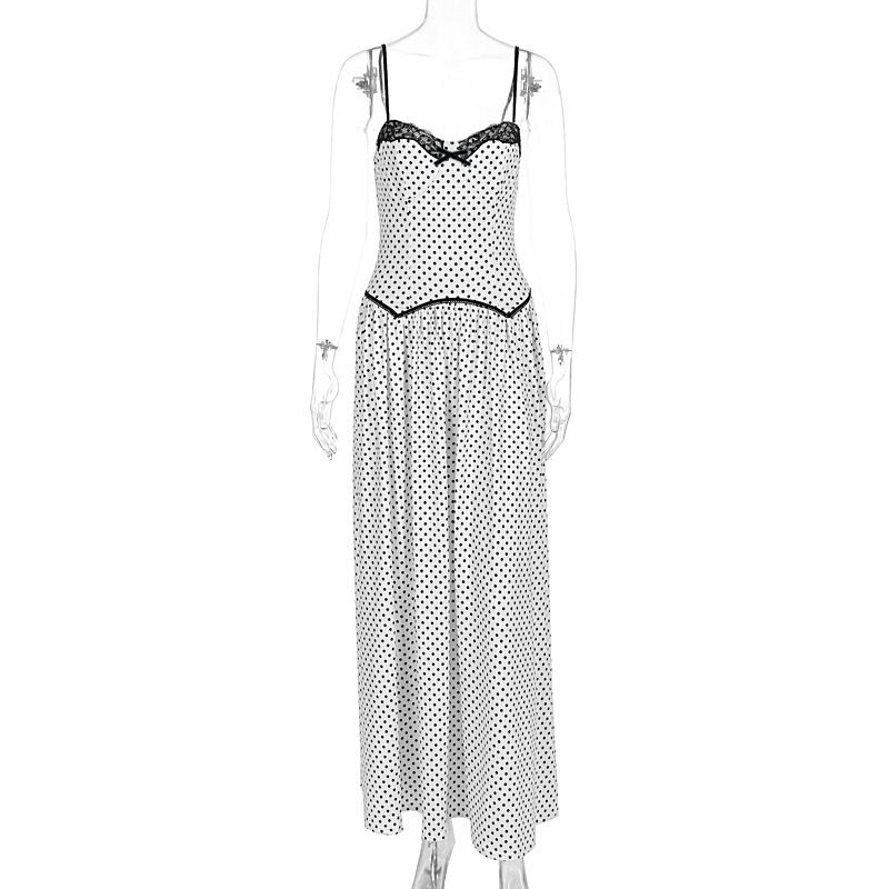 Women's New Arrival French Sweet Backless Spaghetti Strap Dress White Polka Dot Bodycon Slimming Casual Party Dress_ecoleips.com