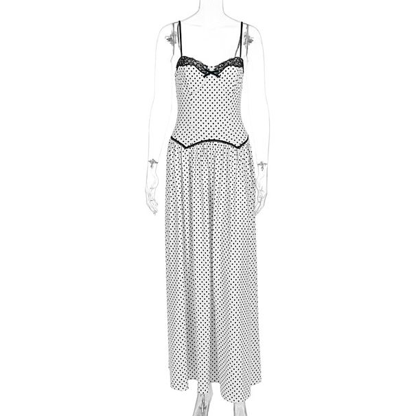Women's New Arrival French Sweet Backless Spaghetti Strap Dress White Polka Dot Bodycon Slimming Casual Party Dress_ecoleips.com