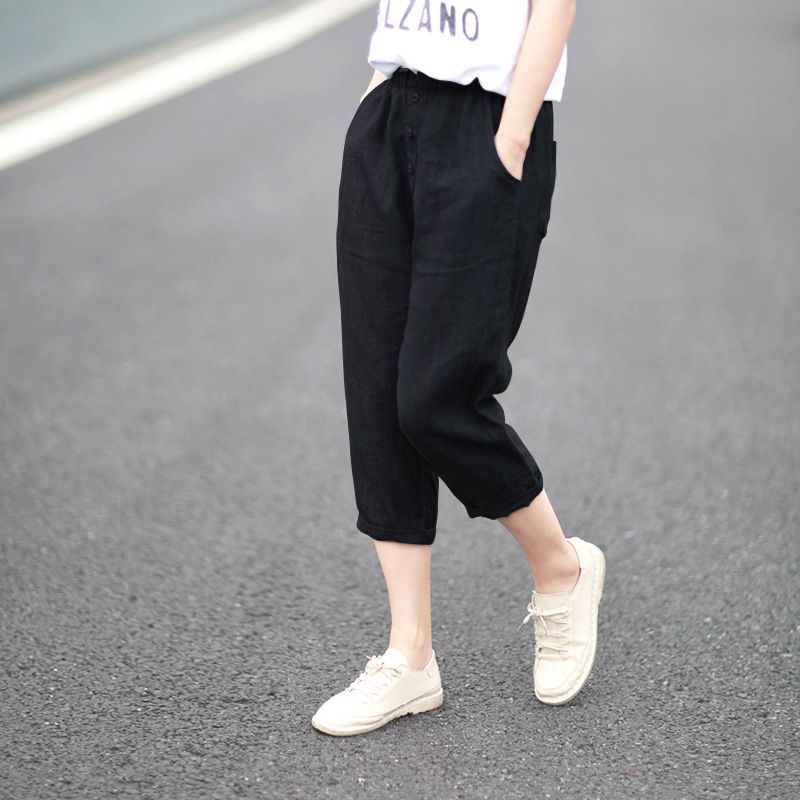 Suitable For All Seasons French Outlet Pure Cropped For Women Elastic Waist Cotton Linen Harem Pants Plus Size Slimming Summer Thin Style_ecoleips.com