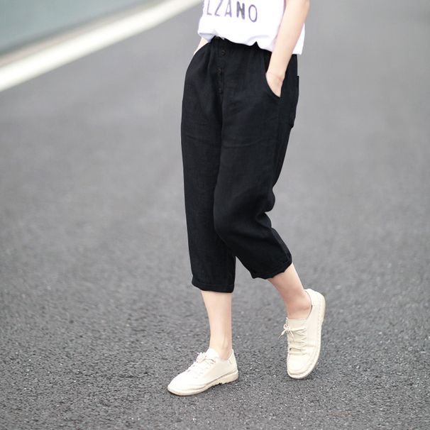 Suitable For All Seasons French Outlet Pure Cropped For Women Elastic Waist Cotton Linen Harem Pants Plus Size Slimming Summer Thin Style_ecoleips.com