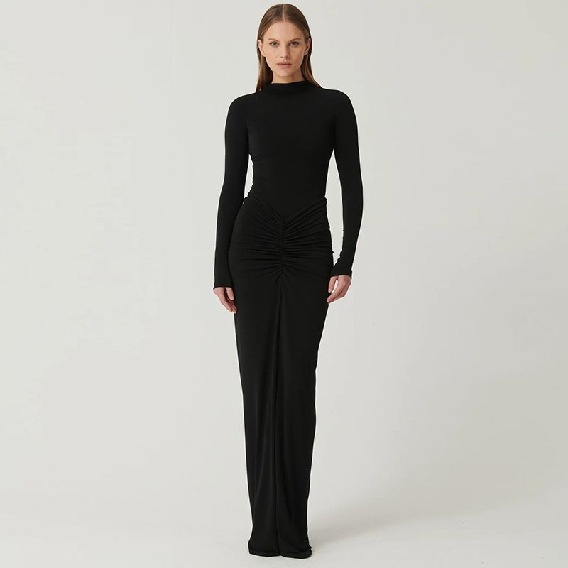 2024 Autumn Winter New European And American Foreign Trade Sexy Waist Slimming Solid Color Long Elegant_ecoleips.com