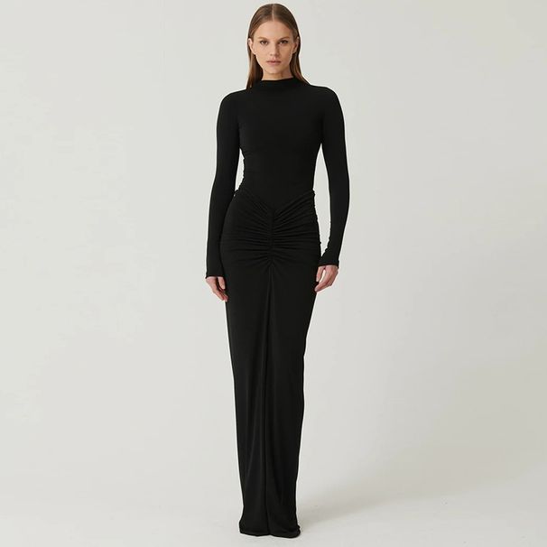 2024 Autumn Winter New European And American Foreign Trade Sexy Waist Slimming Solid Color Long Elegant_ecoleips.com