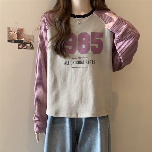 Real Shot Of American-style Color-blocking Round-neck Short Sweatshirt For Women, Spring And Autumn New Popular Fashion_ecoleips.com