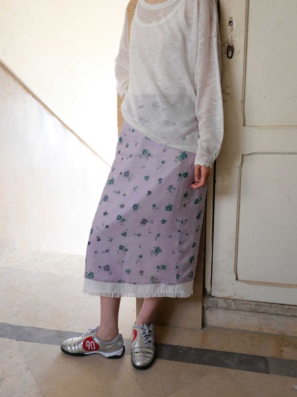 Verve Timeless Unknown Flower Name Romantic Ruffled Hem Midi Color-Block Floral Texture Casual Breathable Skirt 11138_ecoleips.com
