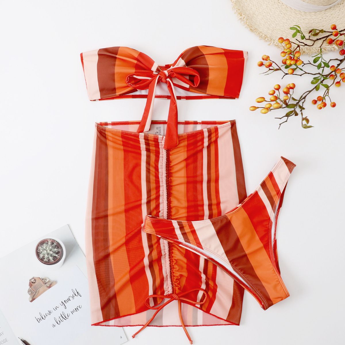 Women's Clothing Split Striped Mesh Skirt Tube Top Tied With Rope Sexy Bikini Bikini Three Piece Swimsuit_ecoleips.com