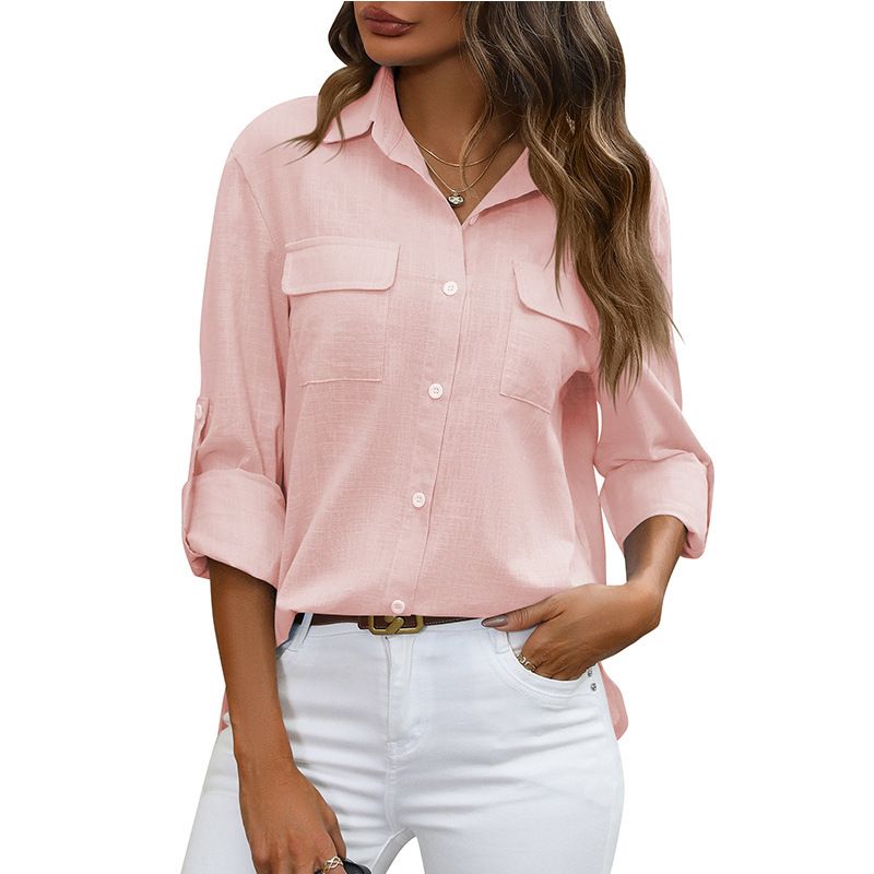 Women's Clothing Spring And Summer New Button Down Shirt Loose Shirt Solid Color Casual_ecoleips.com