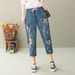 Japanese Ethnic Style Plus-size Denim Cropped Pants With Ripped Details Embroidered Floral Bird Patterns, Women's Jeans,_ecoleips.com