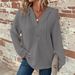 Women's Hooded Waffle Knit Drawstring Button V Neck Long Sleeved Pullover Casual Sports Sweatshirt_ecoleips.com