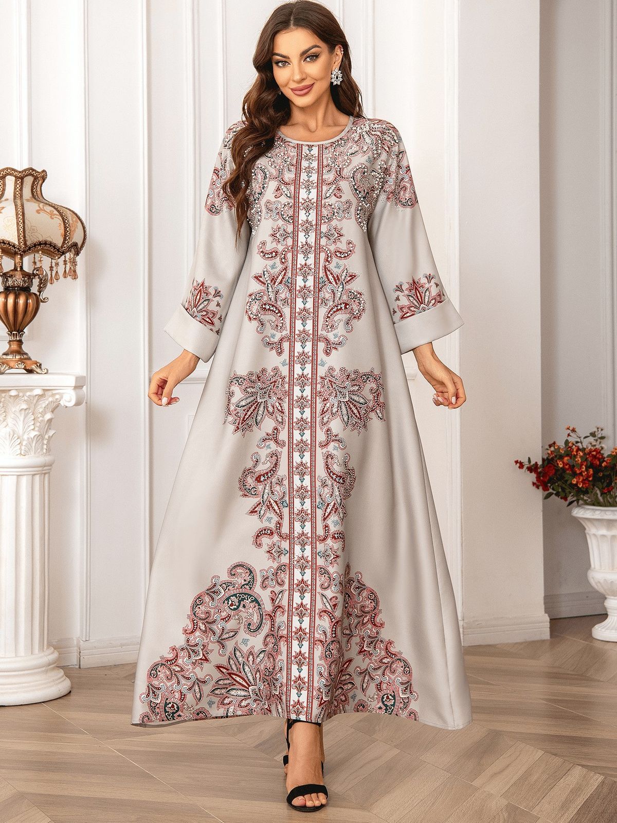 Kaftan High Density Hot Diamond Beading Printing Muslim Women's Robe Elegant Dress_ecoleips.com