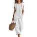 Women's Bohemian Two-Piece Set Round Neck Button Down Short Sleeve Top And Wide Leg Pants Beach Vacation_ecoleips.com