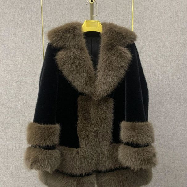 Women’s Clothing autumn and winter fashion temperament new v neck fur coat medium length slim young big fur collar coat_ecoleips.com