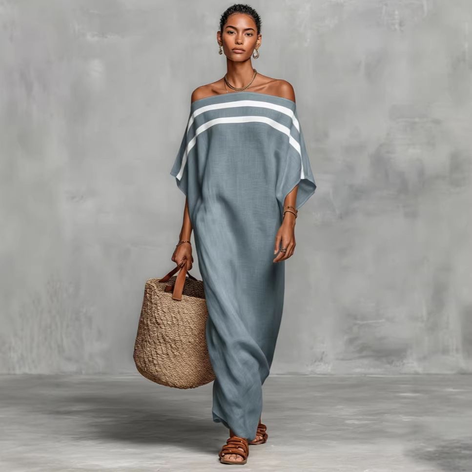 Women's Off-Shoulder Linen Dress Casual Long Striped Loose Fit Summer European And American Style_ecoleips.com