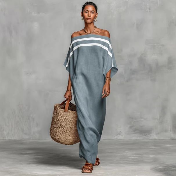 Women's Off-Shoulder Linen Dress Casual Long Striped Loose Fit Summer European And American Style_ecoleips.com
