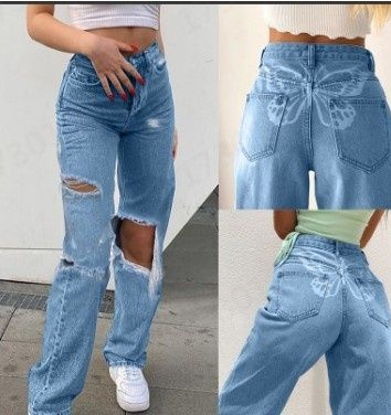 's New Blue Cotton Jeans For Women With Butterfly Print, Washed And Distressed, High-waisted Wide-leg Pants_ecoleips.com