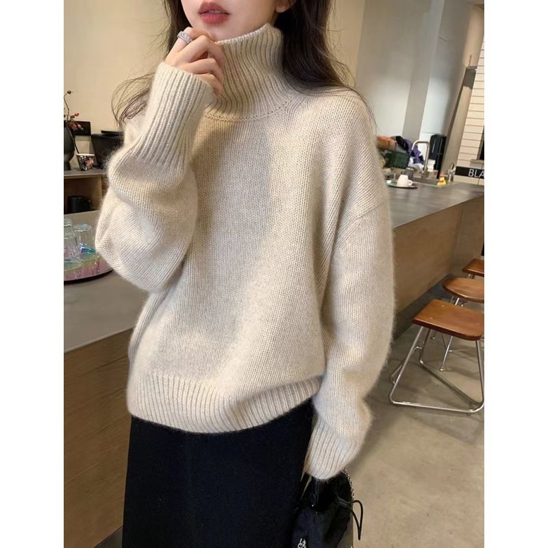 Lazy Style Turtleneck Solid Color Sweater For Women's Autumn And Winter Korean Simple Soft Waxy With Women's Bottom Knit_ecoleips.com