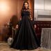 Elegant Long Sleeve Lace Evening Gown High-Neck Slim Fit Formal Dress With Detachable Train For Banquets, Black-Tie Events (Polyester Blend )_ecoleips.com