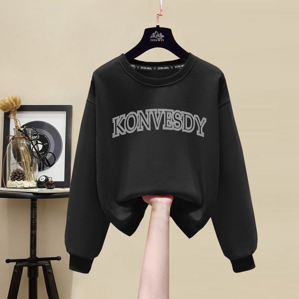 Women's Autumn/Winter Thick Sweatshirt Crew Neck Fleece Lined Loose Fit American Retro High End Feel Petite Top 2023 New Style_ecoleips.com