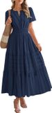 Elegant V Neck Long Dress For Women American Style Summer Waist Cinching Pleated Puff Sleeves Solid Color New 2026_ecoleips.com