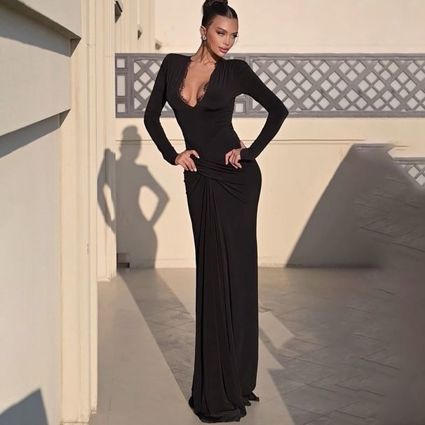 2025 Autumn New Fashion Slim Waist Twist Solid Color Long Sleeve Dress For Women Wholesale_ecoleips.com