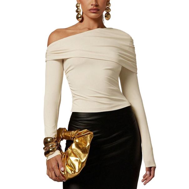 Voya Women's Asymmetric Single Shoulder Off Shoulder Pleated Long Sleeved T-shirt For Slim Fit And High-end One Shoulder Top_ecoleips.com