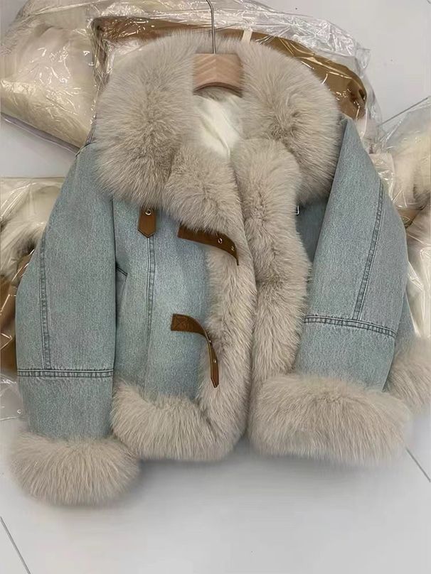 Women's Clothing Style Design Fur Collar Blue Denim Jacket For Women Velvet Thickened Down Cotton Warm Fur Plush Coat_ecoleips.com
