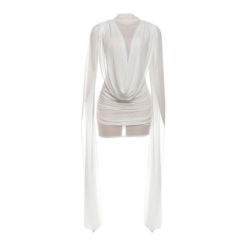 Women Fashion Half Turtleneck Dress Double Layer Spliced Mesh Ribbon Bodycon Sexy It Girl Party Evening Dress_ecoleips.com