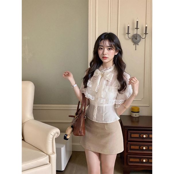 Elegant And Youthful Bow-tie Shirt, Sweet Top, Versatile Skirt, Gentle Style Summer Two-piece Set For Women_ecoleips.com