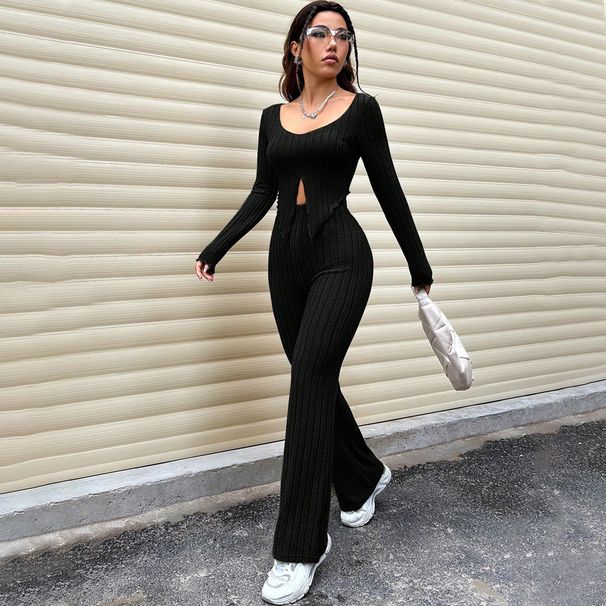 Voya Women's Pure Desire Style Versatile Fashion Set, Spring And Summer Solid Color Crop Top, High Waist Slim Fit Pants_ecoleips.com