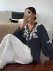 Women's V Neck Long Sleeve Top Heavy Embroidery Pearl Single Breasted European American Style Solid Color Lantern Top_ecoleips.com