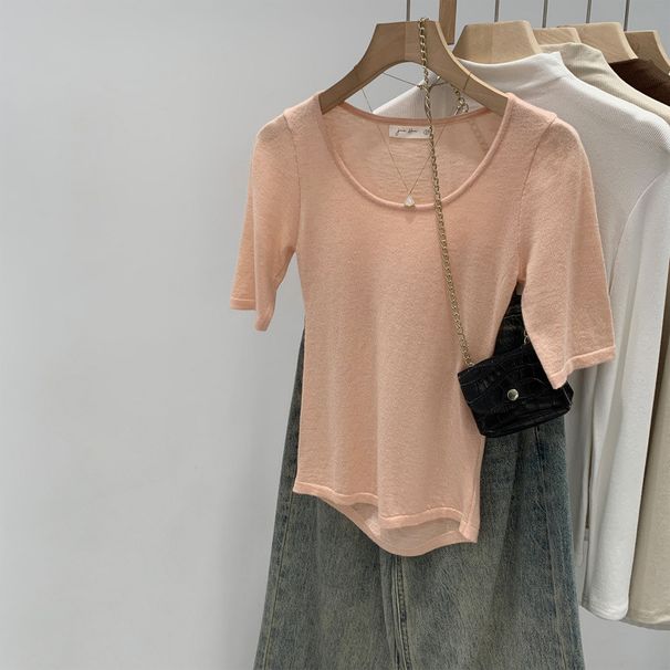 European-style High-end Round-neck Thin Short-sleeve Wool T-shirt For Women, 2025 Summer New Slim-fit And Slimming_ecoleips.com