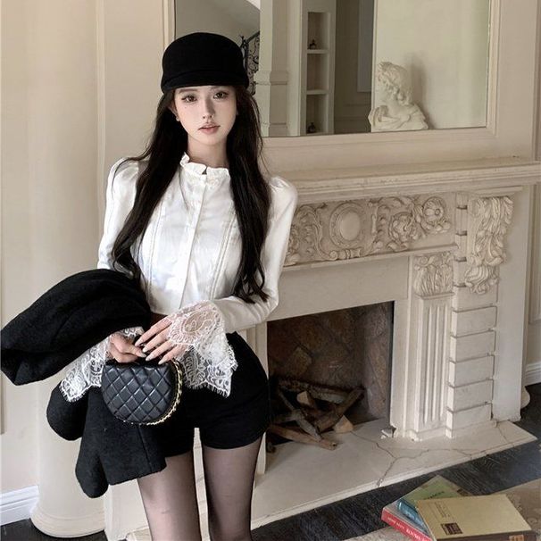 Lace Cuff Ruffled Stand Collar Puff Blouse For Women, Autumn And Winter Elegant Long Sleeve Slim-fit Short Shirt_ecoleips.com
