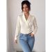 Elegant Style Women's Top, Thin Fashion Solid Color Beaded V-neck Long-sleeved Commuter Shirt, Daily Workplace Party_ecoleips.com