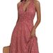 European And American Cross-border Women's Sleeveless Halter Neck Bohemian Floral Pocket Elastic Waist Pleated Dress For_ecoleips.com