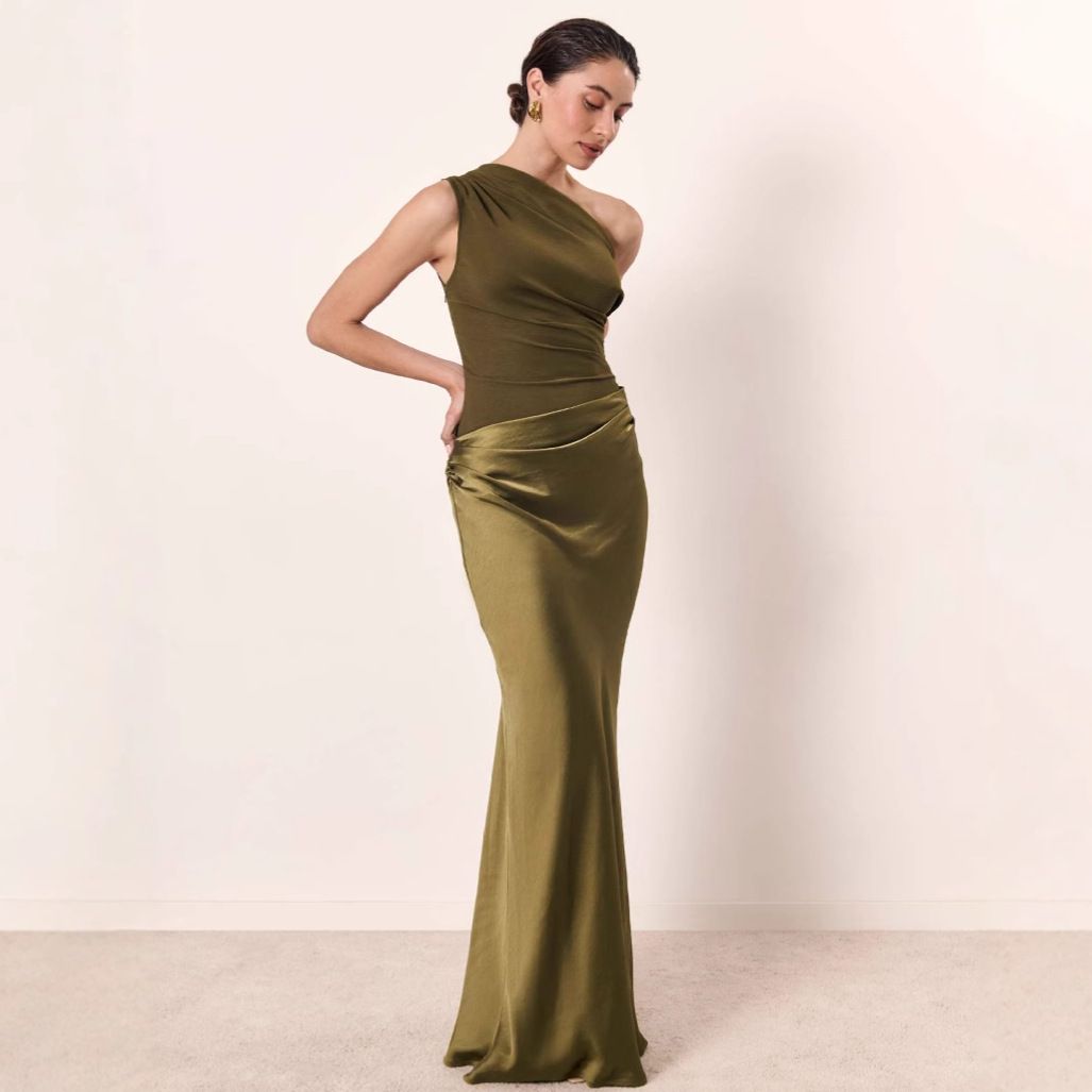 Sexy Off-Shoulder Ruffle Wrap Satin Mermaid Dress – High Waist Elegant Formal & Party Wear For Women (Coffee, Olive, Lake Blue)_ecoleips.com