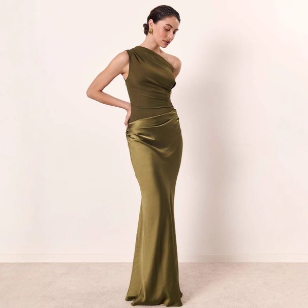 Sexy Off-Shoulder Ruffle Wrap Satin Mermaid Dress – High Waist Elegant Formal & Party Wear For Women (Coffee, Olive, Lake Blue)_ecoleips.com