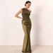 Sexy Off-Shoulder Ruffle Wrap Satin Mermaid Dress – High Waist Elegant Formal & Party Wear For Women (Coffee, Olive, Lake Blue)_ecoleips.com